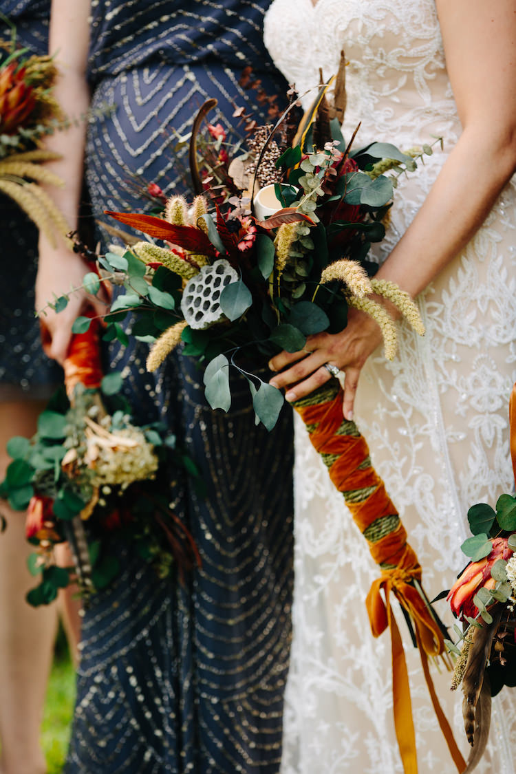Bride Strapless Lace Watters Bridal Gown Bridesmaids Grey Sequin Dresses Bouquets Dried Flowers Feathers Antique Orange Velvet Ribbon Art Nouveau Autumn Burgundy Wedding http://www.jbonadiophoto.com/
