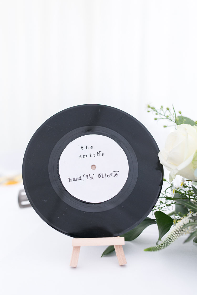 Vinyl Place Name Record Table Summer Sunflowers Marquee Wedding http://maddiewaters.co.uk/