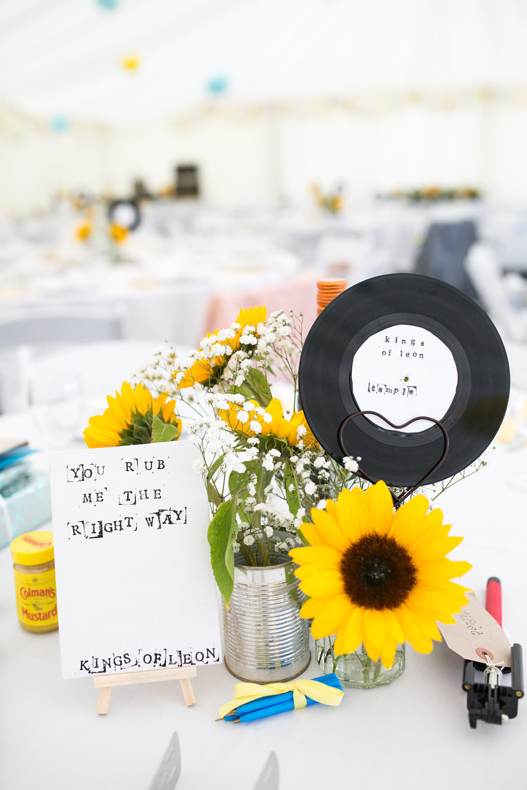 Music Decoration Table Number Name Tin Can Centerepice Summer Sunflowers Marquee Wedding http://maddiewaters.co.uk/