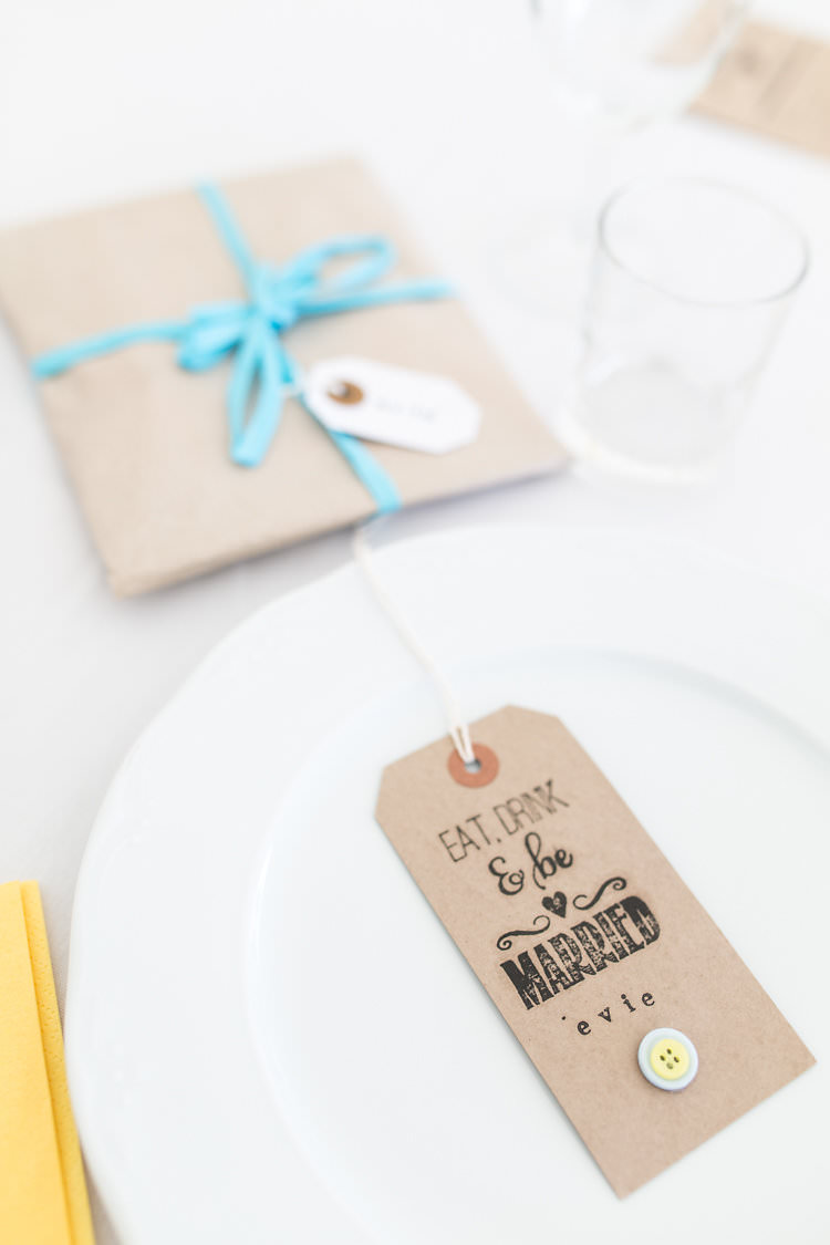 Luggage Tag Place Setting Name Kraft Brown Paper Button Summer Sunflowers Marquee Wedding http://maddiewaters.co.uk/