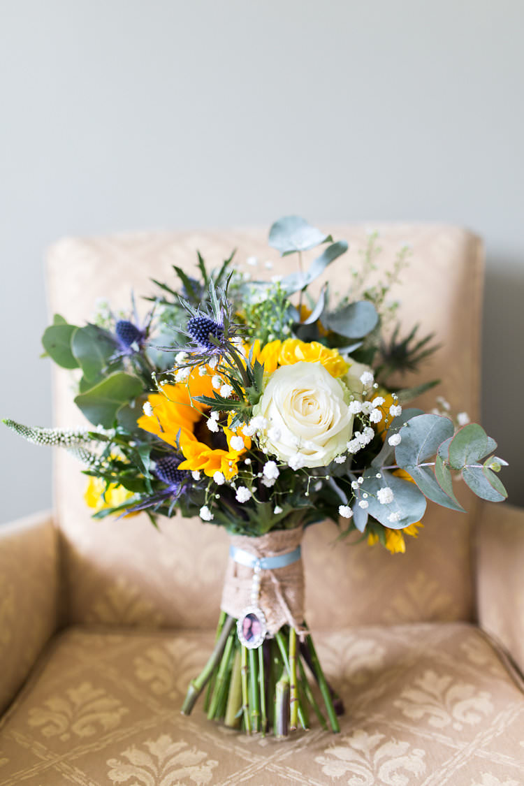 Thistle Rose Bouquet Greenery Foliage Bride Bridal Flowers Summer Sunflowers Marquee Wedding http://maddiewaters.co.uk/