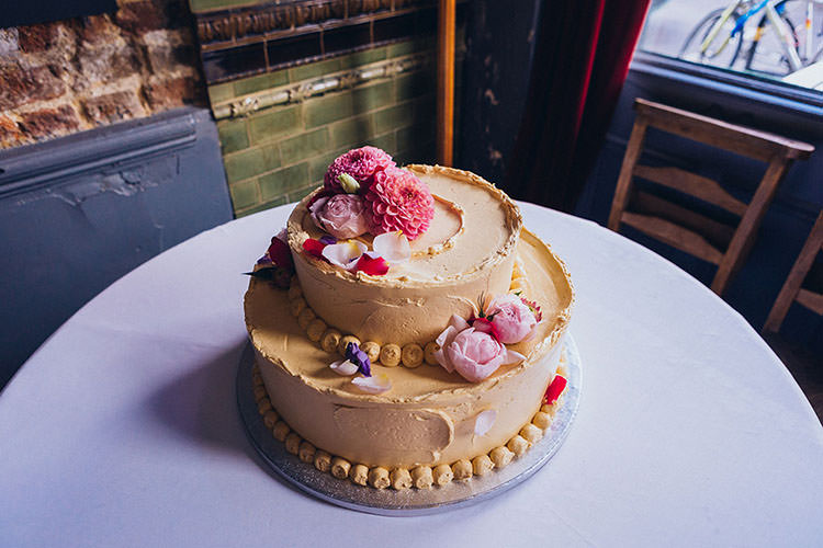 Buttercream Cake Flowers Topper Minimalist City 1970s East London Pub Wedding http://www.curiousrosephotography.com/