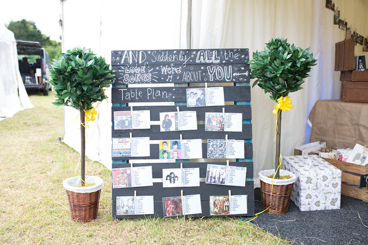 Seating Plan Table Chart Pallet Photo Album Music Summer Sunflowers Marquee Wedding http://maddiewaters.co.uk/