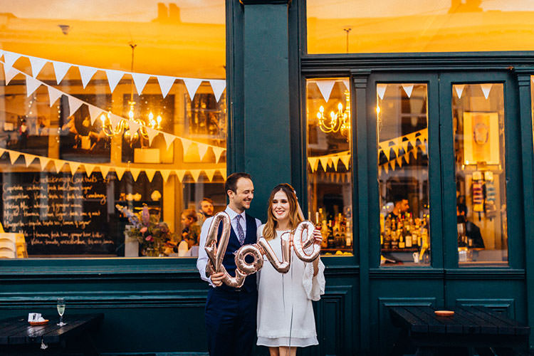 Love Balloon Minimalist City 1970s East London Pub Wedding http://www.curiousrosephotography.com/