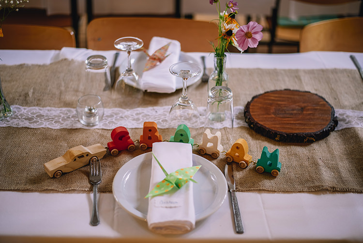 Reception Table Setting Wooden Name Car Origami Crane Fresh Florals Glass Tree Slice Hessian Lace Table Runner Woodland Waterfall Mint Wedding Ontario http://www.laurenmccormickphotography.com/