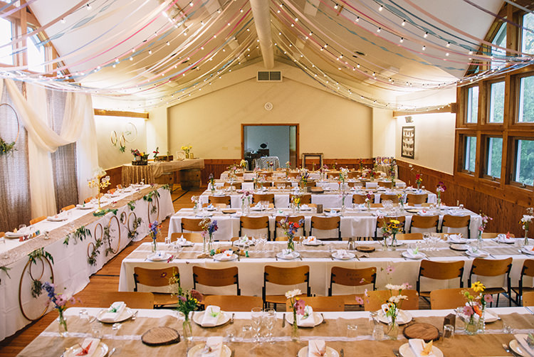 Reception Long Tables Hessian Lace Table Runners Hanging Décor Fairy Lights Multicoloured Ribbons Wooden Chairs Multicoloured Florals Glass Vases Woodland Waterfall Mint Wedding Ontario http://www.laurenmccormickphotography.com/