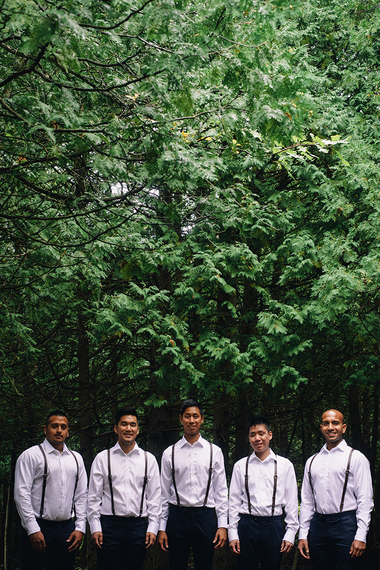 Groom Groomsmen White Shirts Brown Leather Suspenders Navy Pants Trees Woodland Waterfall Mint Wedding Ontario http://www.laurenmccormickphotography.com/