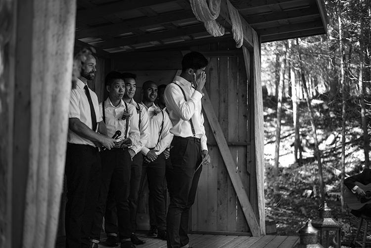 Outdoor Ceremony Groom Emotion White Shirt Brown Leather Suspenders Navy Pants Groomsmen Woodland Waterfall Mint Wedding Ontario http://www.laurenmccormickphotography.com/