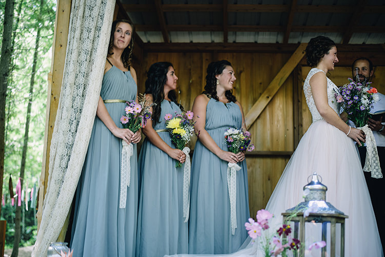 Outdoor Ceremony Bride Allure Champagne Lace Tulle Bridal Gown Bridesmaids Grey Gold Dresses Multicoloured Floral Bouquets Lace Ribbons Woodland Waterfall Mint Wedding Ontario http://www.laurenmccormickphotography.com/