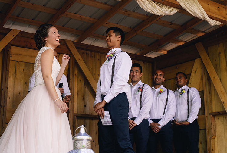 Outdoor Ceremony Bride Allure Champagne Lace Tulle Bridal Gown Groom White Shirt Brown Leather Suspenders Navy Pants Multicoloured Floral Buttonhole Groomsmen Woodland Waterfall Mint Wedding Ontario http://www.laurenmccormickphotography.com/