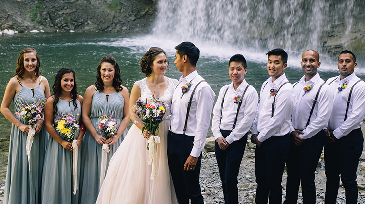 Bridal Party Bride Allure Champagne Lace Tulle Bridal Gown Multicoloured Floral Bouquet Bridesmaids Grey Gold Dresses Groom Groomsmen White Shirt Brown Leather Suspenders Navy Pants Multicoloured Floral Buttonholes Woodland Waterfall Mint Wedding Ontario http://www.laurenmccormickphotography.com/