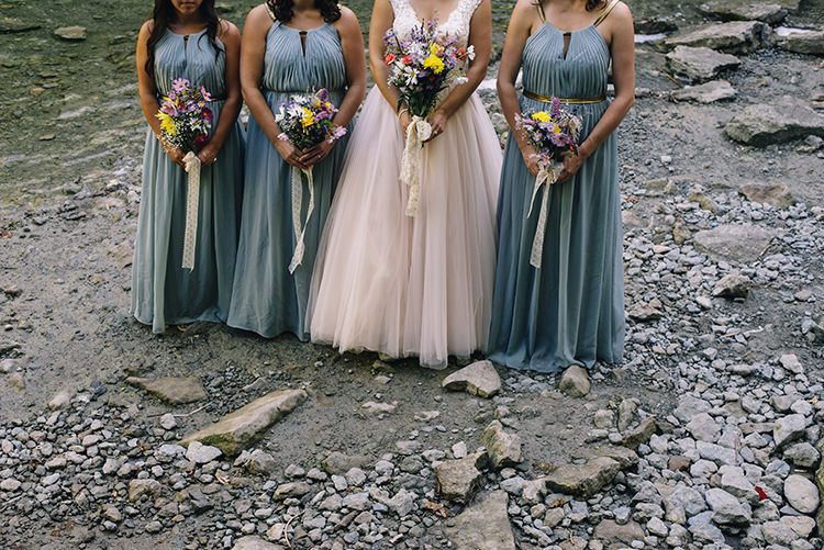 Bride Allure Champagne Lace Tulle Bridal Gown Multicoloured Floral Bouquet Lace Ribbon Bridesmaids Grey Gold Dresses Bouquets Woodland Waterfall Mint Wedding Ontario http://www.laurenmccormickphotography.com/