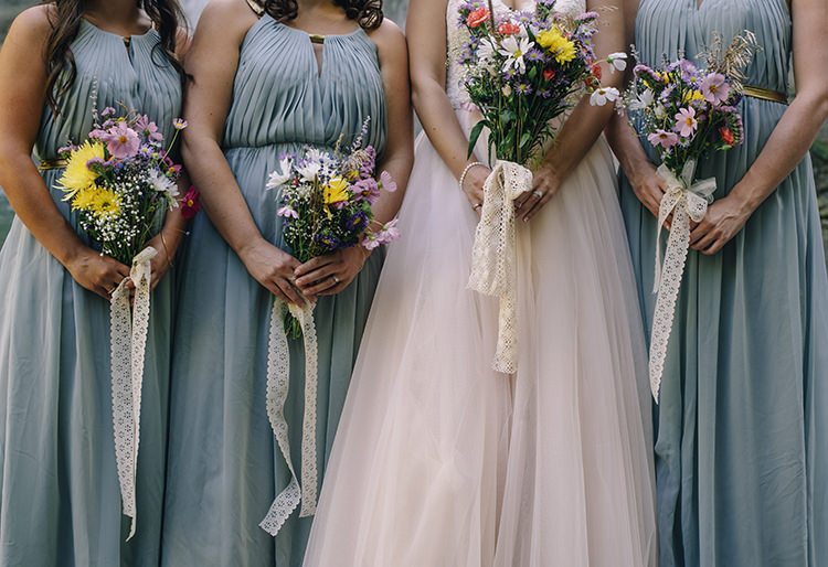 Bride Allure Champagne Lace Tulle Bridal Gown Bridesmaids Grey Gold Dresses Bouquets Multicoloured Florals Daisies Gerbras Lace Ribbons Woodland Waterfall Mint Wedding Ontario http://www.laurenmccormickphotography.com/