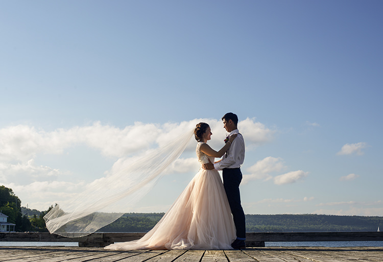Bride Allure Champagne Lace Tulle Bridal Gown Long Veil Groom White Shirt Brown Leather Suspenders Navy Pants Multicoloured Floral Buttonhole Woodland Waterfall Mint Wedding Ontario http://www.laurenmccormickphotography.com/