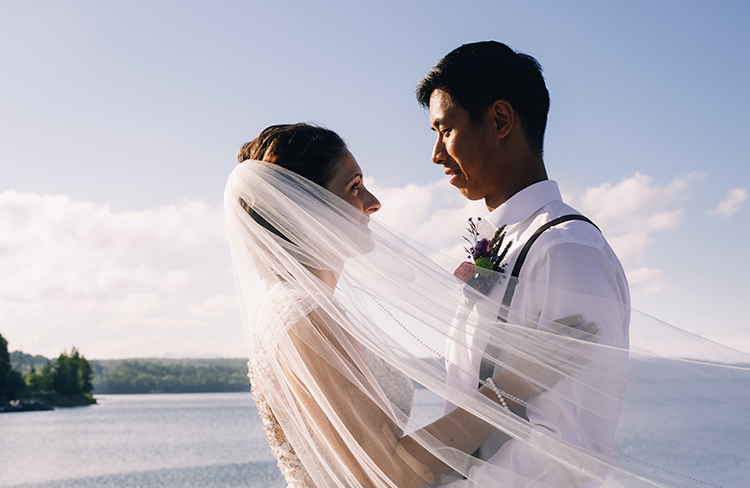 Bride Allure Champagne Lace Tulle Bridal Gown Long Veil Groom White Shirt Brown Leather Suspenders Navy Pants Multicoloured Floral Buttonhole Woodland Waterfall Mint Wedding Ontario http://www.laurenmccormickphotography.com/