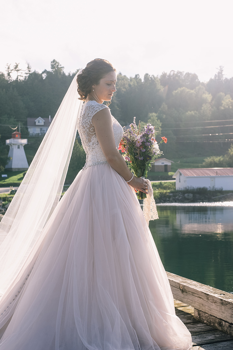 Bride Allure Champagne Lace Tulle Bridal Gown Long Veil Multicoloured Floral Bouquet Lace Ribbon Woodland Waterfall Mint Wedding Ontario http://www.laurenmccormickphotography.com/