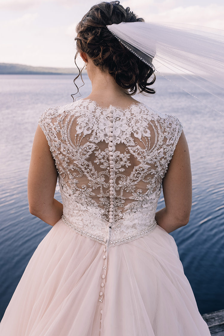 Bride Allure Champagne Lace Tulle Bridal Gown Buttons Veil Soft Hairstyle Woodland Waterfall Mint Wedding Ontario http://www.laurenmccormickphotography.com/