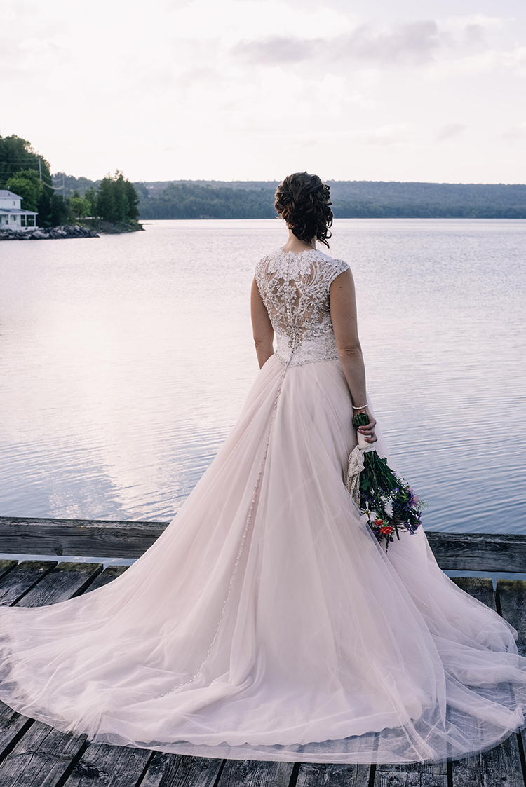 Bride Allure Champagne Lace Tulle Bridal Gown Multicoloured Floral Bouquet Lace Ribbon Pearl Bracelet Woodland Waterfall Mint Wedding Ontario http://www.laurenmccormickphotography.com/
