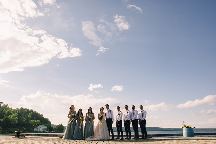 Bridal Party Bride Allure Champagne Lace Tulle Bridal Gown Multicoloured Floral Bouquet Lace Ribbon Bridesmaids Grey Gold Dresses Groom Groomsmen White Shirts Brown Leather Suspenders Navy Pants Multicoloured Floral Buttonholes Woodland Waterfall Mint Wedding Ontario http://www.laurenmccormickphotography.com/