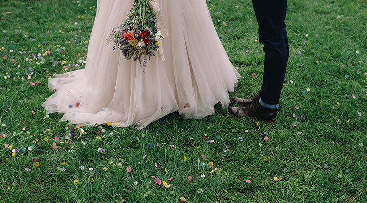 Bright Confetti Bride Allure Champagne Lace Tulle Bridal Gown Multicoloured Floral Bouquet Lace Ribbon Groom Navy Pants Leather Shoes Woodland Waterfall Mint Wedding Ontario http://www.laurenmccormickphotography.com/