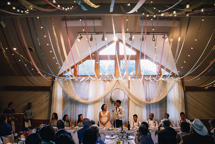 Reception Hanging Décor Multicoloured Ribbons Fairy Lights Wooden Wreath Bride Groom Bridal Party Guests Woodland Waterfall Mint Wedding Ontario http://www.laurenmccormickphotography.com/