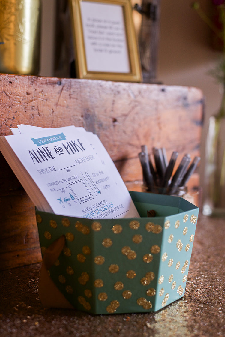 Reception Personalised Guest Note Activity Stationery Mint Gold Box Pens Woodland Waterfall Mint Wedding Ontario http://www.laurenmccormickphotography.com/