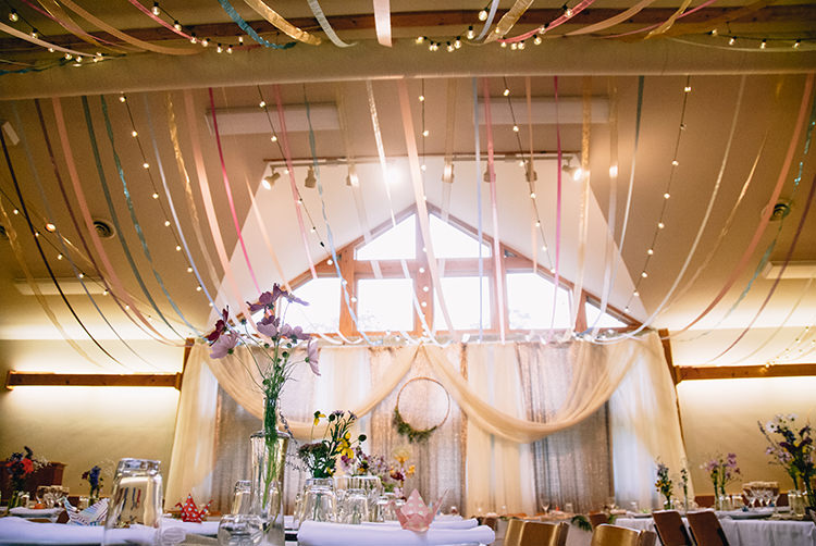 Reception Hanging Décor Fairy Lights Multicoloured Ribbons Long Tables Multicoloured Flowers Glass Vases Wooden Floral Wreath Woodland Waterfall Mint Wedding Ontario http://www.laurenmccormickphotography.com/