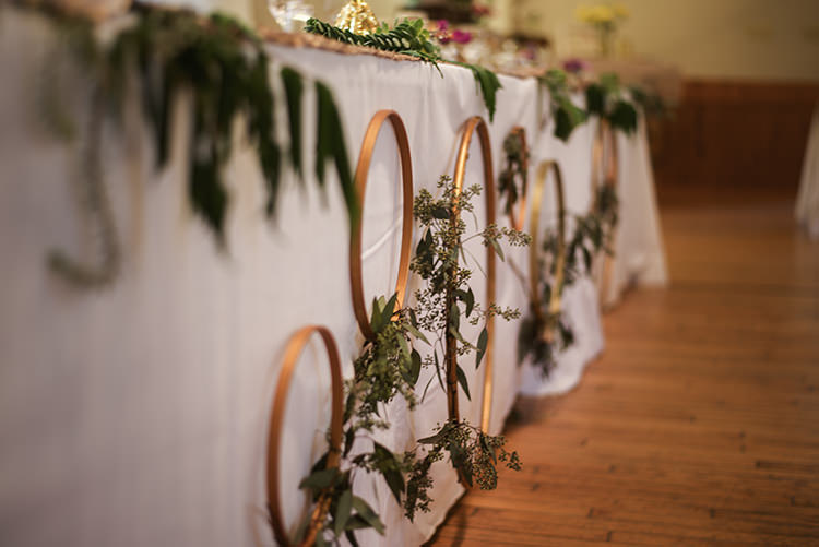 Table Décor Gold Wreaths Greenery Fresh Florals White Tablecloth Woodland Waterfall Mint Wedding Ontario http://www.laurenmccormickphotography.com/
