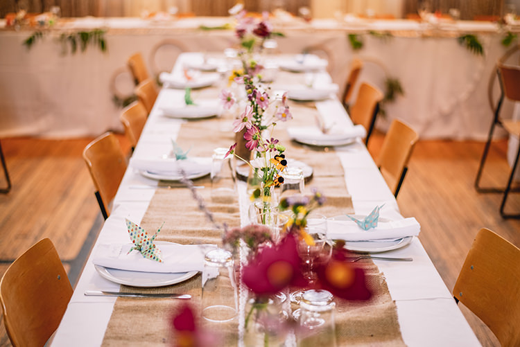 Reception Long Table Fresh Multicoloured Florals Daises Tall Glass Vases Origami Crane Woodland Waterfall Mint Wedding Ontario http://www.laurenmccormickphotography.com/