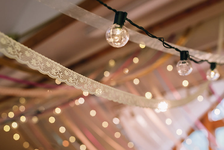 Reception Hanging Décor Fairy Lights Multicoloured Ribbons Lace Woodland Waterfall Mint Wedding Ontario http://www.laurenmccormickphotography.com/