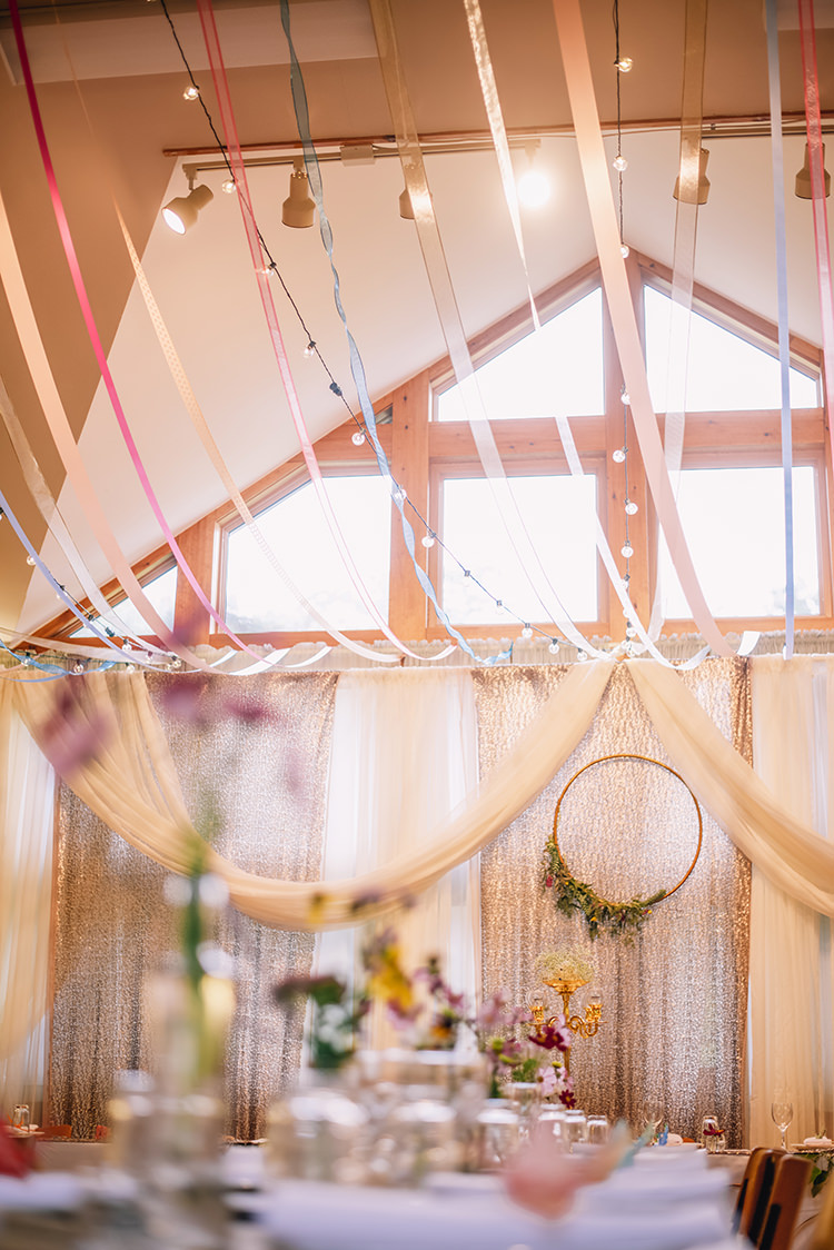 Reception Hanging Décor Fairy Lights Multicoloured Pastel Ribbons Wooden Floral Wreath Long Tables Fresh Flowers Woodland Waterfall Mint Wedding Ontario http://www.laurenmccormickphotography.com/