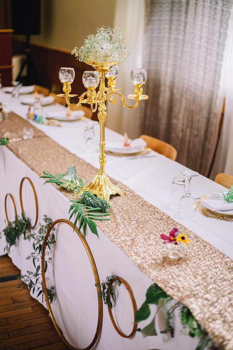 Reception Bridal Party Table Gold Candle Holder Gypsophila Gold Wreaths Greenery Rose Gold Sequin Table Runner Origami Cranes Fresh Florals Woodland Waterfall Mint Wedding Ontario http://www.laurenmccormickphotography.com/