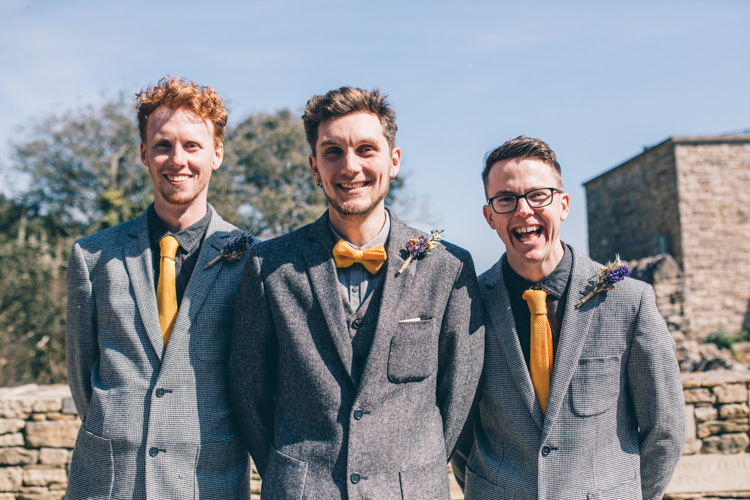 Tweed Groomsmen Suit Jackets Yellow Tie Crafty Country Rustic Wedding http://www.naomijanephotography.com/
