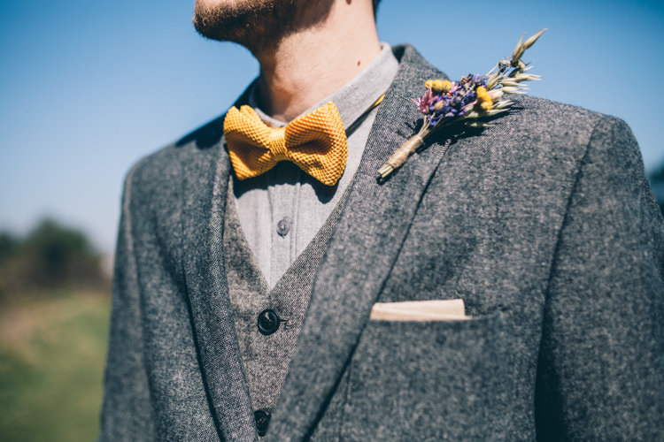 Knitted Yellow Bow Tie Groom Tweed Crafty Country Rustic Wedding http://www.naomijanephotography.com/