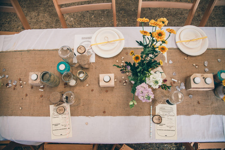 Hessian Table Runner Cloth Decor Crafty Country Rustic Wedding http://www.naomijanephotography.com/