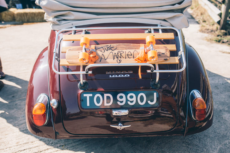 Just Married Car Sign Skateboard Crafty Country Rustic Wedding http://www.naomijanephotography.com/