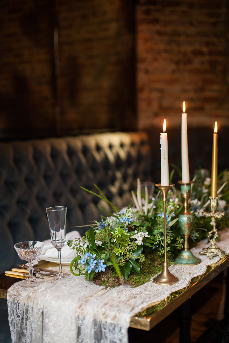 Tablescape Decor Candle Foliage Greenery Runner Lace Cloths Blue Gold Luxe Victorian Wedding Ideas http://www.francescarlisle.co.uk/