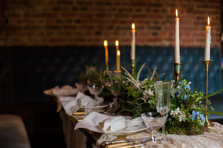 Tablescape Decor Candle Foliage Greenery Runner Blue Gold Luxe Victorian Wedding Ideas http://www.francescarlisle.co.uk/