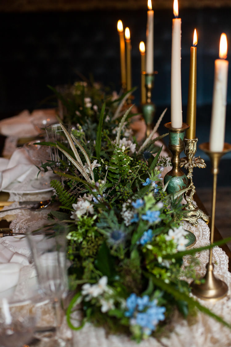 Tablescape Decor Candle Foliage Greenery Runner Table Centrepiece Blue Gold Luxe Victorian Wedding Ideas http://www.francescarlisle.co.uk/