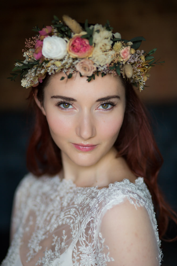 Make Up Bride Bridal Flower Crown Dried Floral Blue Gold Luxe Victorian Wedding Ideas http://www.francescarlisle.co.uk/