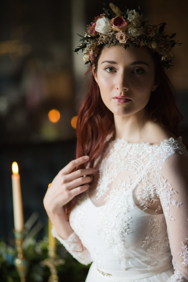 Dried Flower Crown Bride Bridal Floral Style Hair Blue Gold Luxe Victorian Wedding Ideas http://www.francescarlisle.co.uk/