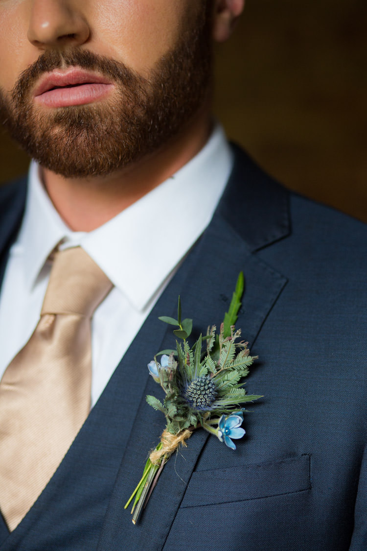 Greenery Foliage Buttonhole Thistle Groom Blue Gold Luxe Victorian Wedding Ideas http://www.francescarlisle.co.uk/