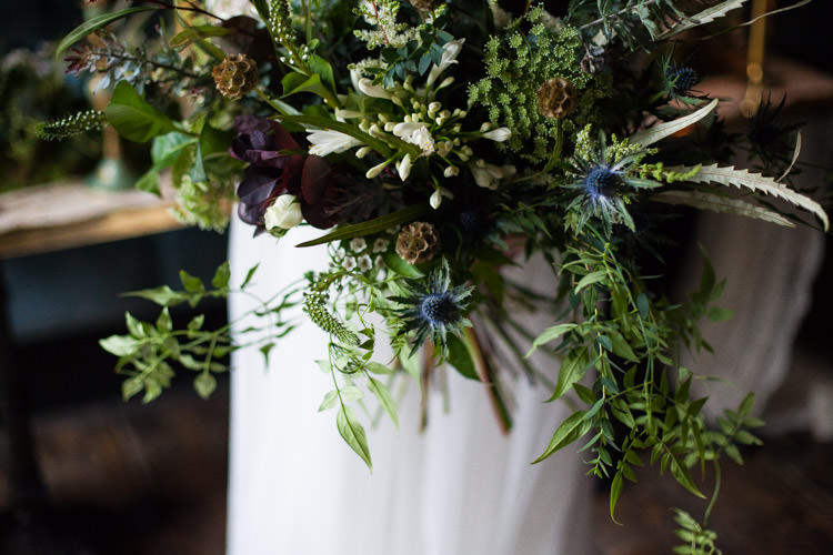 Bouquet Greenery Foliage Flowers Bride Bridal Thistle Blue Gold Luxe Victorian Wedding Ideas http://www.francescarlisle.co.uk/