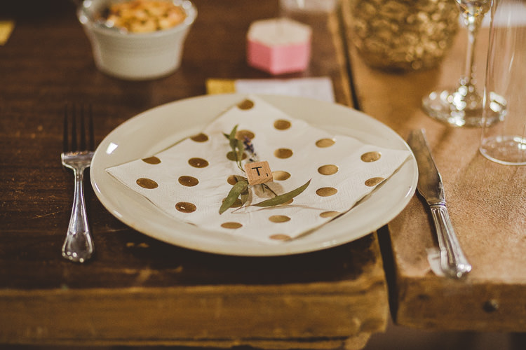 Scrabble Place Setting Polka Dot Eclectic Whimsical Village Hall Wedding http://www.nicolacasey.photography/