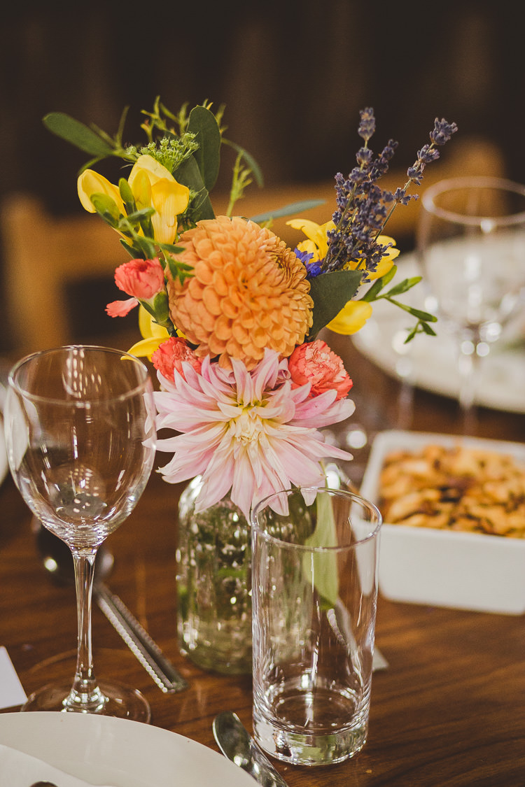 Flowers Bottles Dahlia Autumn Orange Pink Yellow Eclectic Whimsical Village Hall Wedding http://www.nicolacasey.photography/