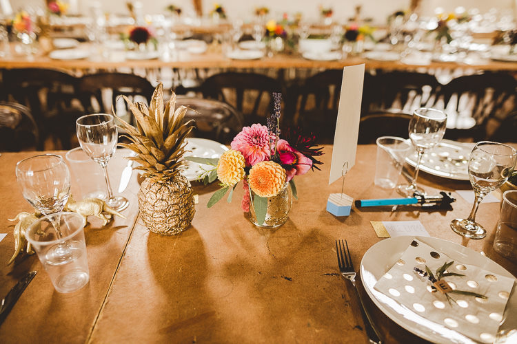 Gold Pineapple Decor Table Eclectic Whimsical Village Hall Wedding http://www.nicolacasey.photography/