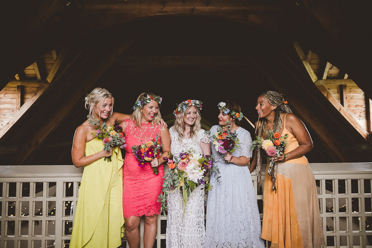 Mismatched Bridesmaids Flower Crowns Eclectic Whimsical Village Hall Wedding http://www.nicolacasey.photography/
