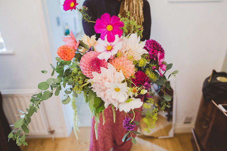 Bouquet Dahlia Autumn Pink Foliage Bride Bridal Flowers Eclectic Whimsical Village Hall Wedding http://www.nicolacasey.photography/
