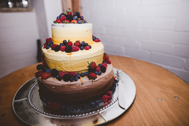Chocolate Cake Berries Eclectic Whimsical Village Hall Wedding http://www.nicolacasey.photography/