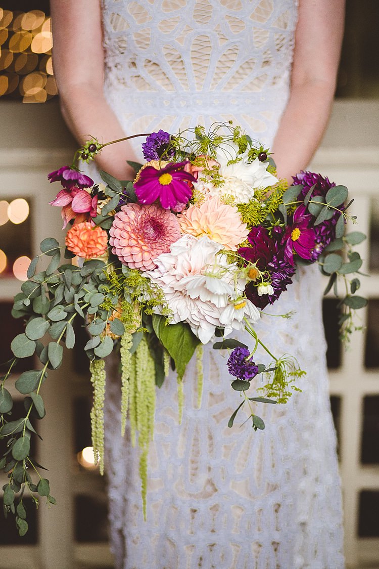 Bouquet Flowers Bride Bridal Autumn Dahlia Foliage Greenery Pink Purple Blush Eclectic Whimsical Village Hall Wedding http://www.nicolacasey.photography/